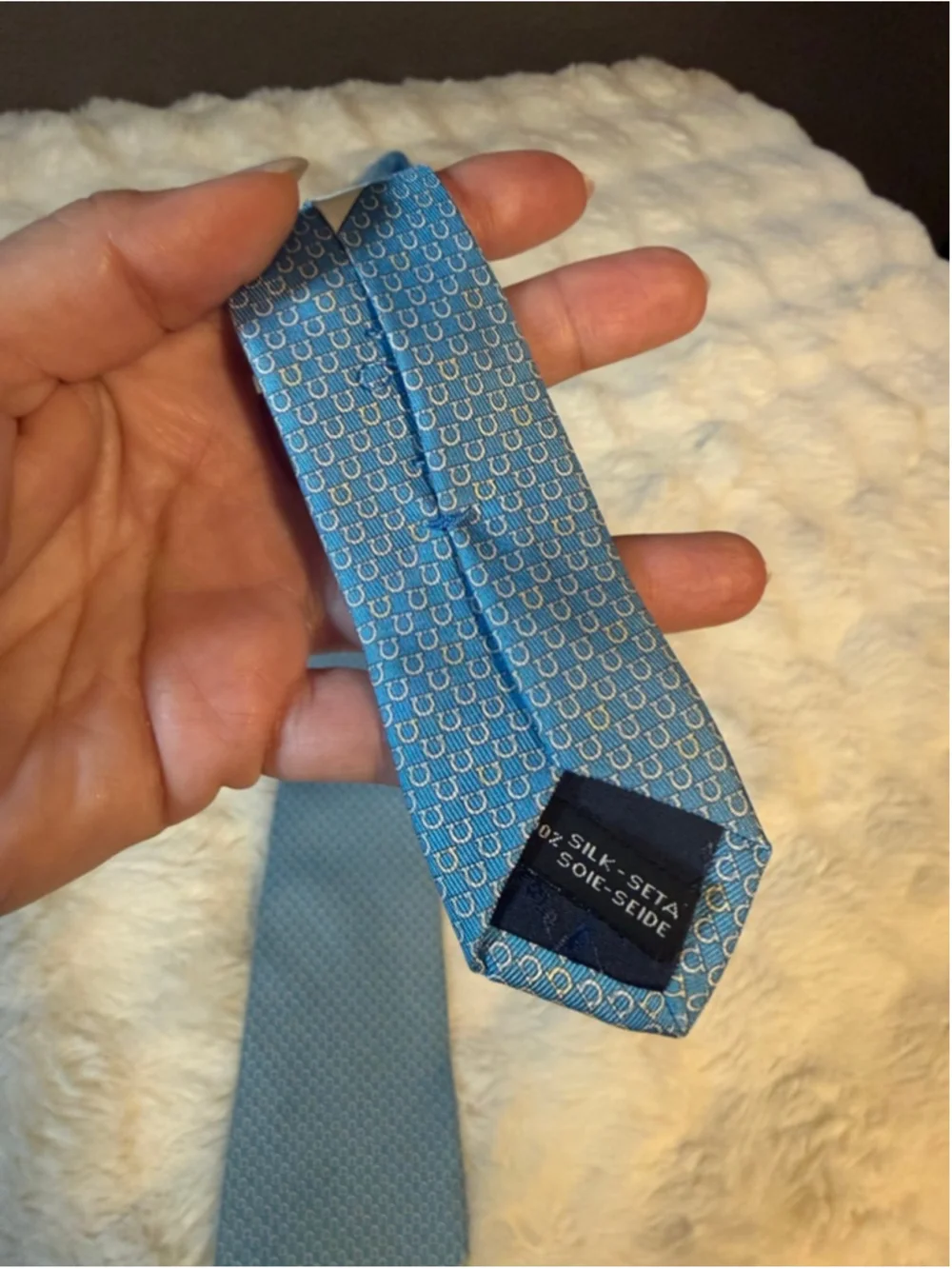Preowned, Vintage Men's Salvatore Ferragamo Blue & White Horseshoe Silk Tie